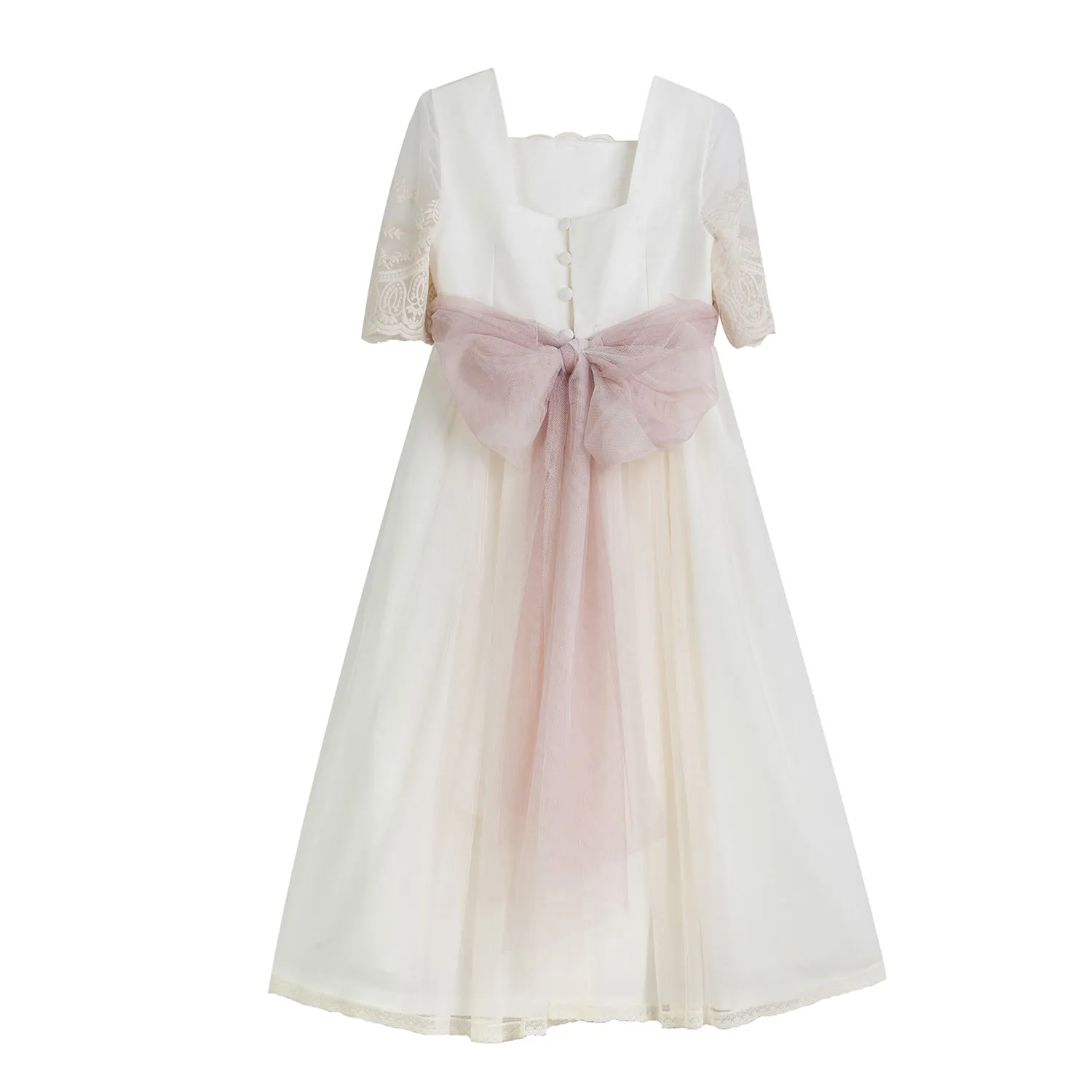 Abito Midi Bianco Naturale Con Cintura Tulle Rosa