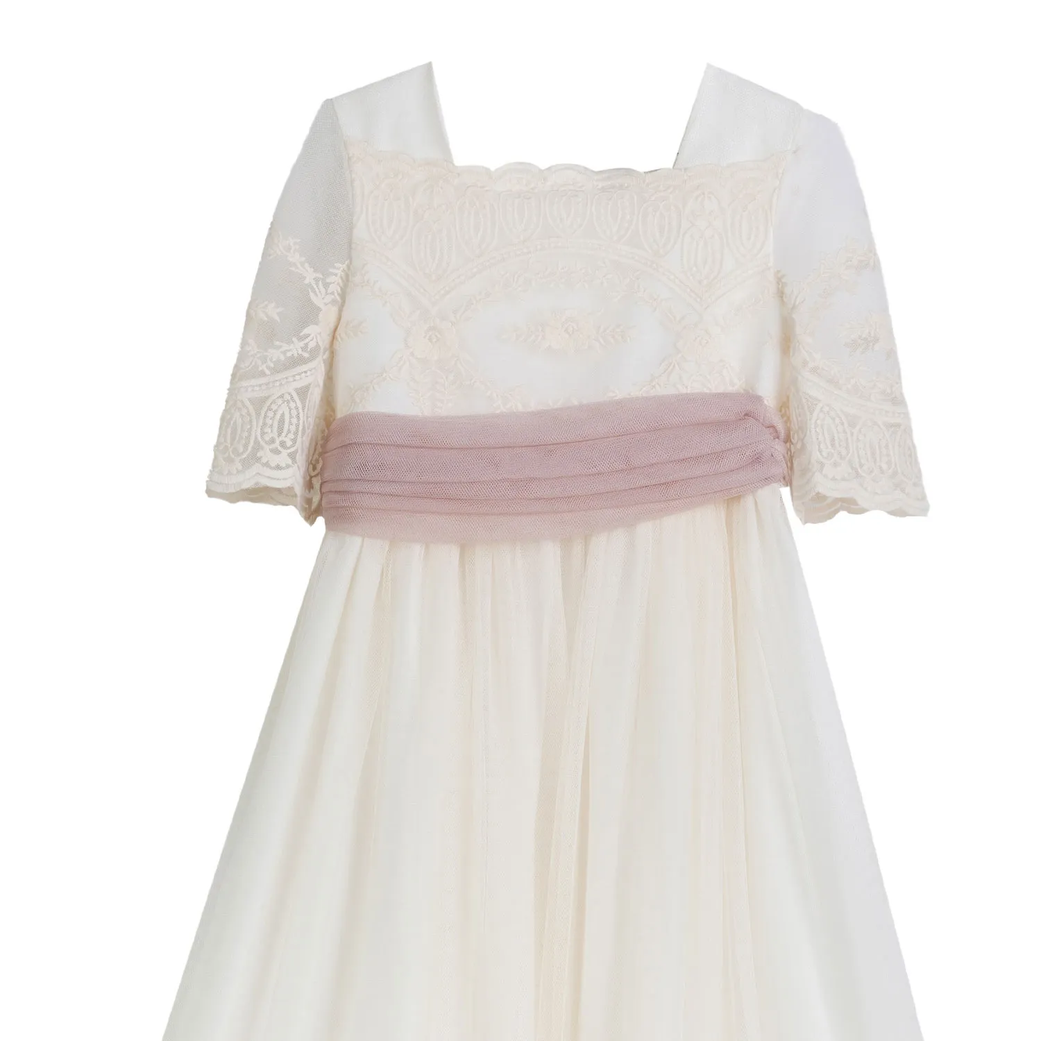 Abito Midi Bianco Naturale Con Cintura Tulle Rosa