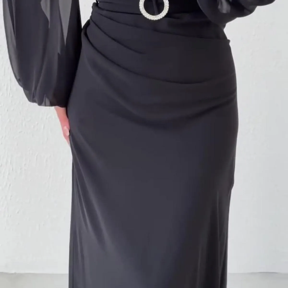 Chiffon elegante girocollo abito lungo cintura estiva da donna sottile manica lunga tinta unita casual pieghettato Lon