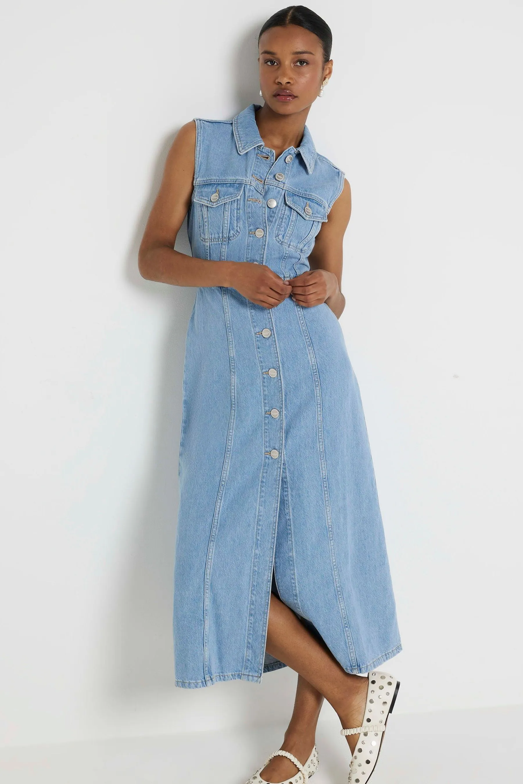 River Island Denim - Abito scamiciato midi